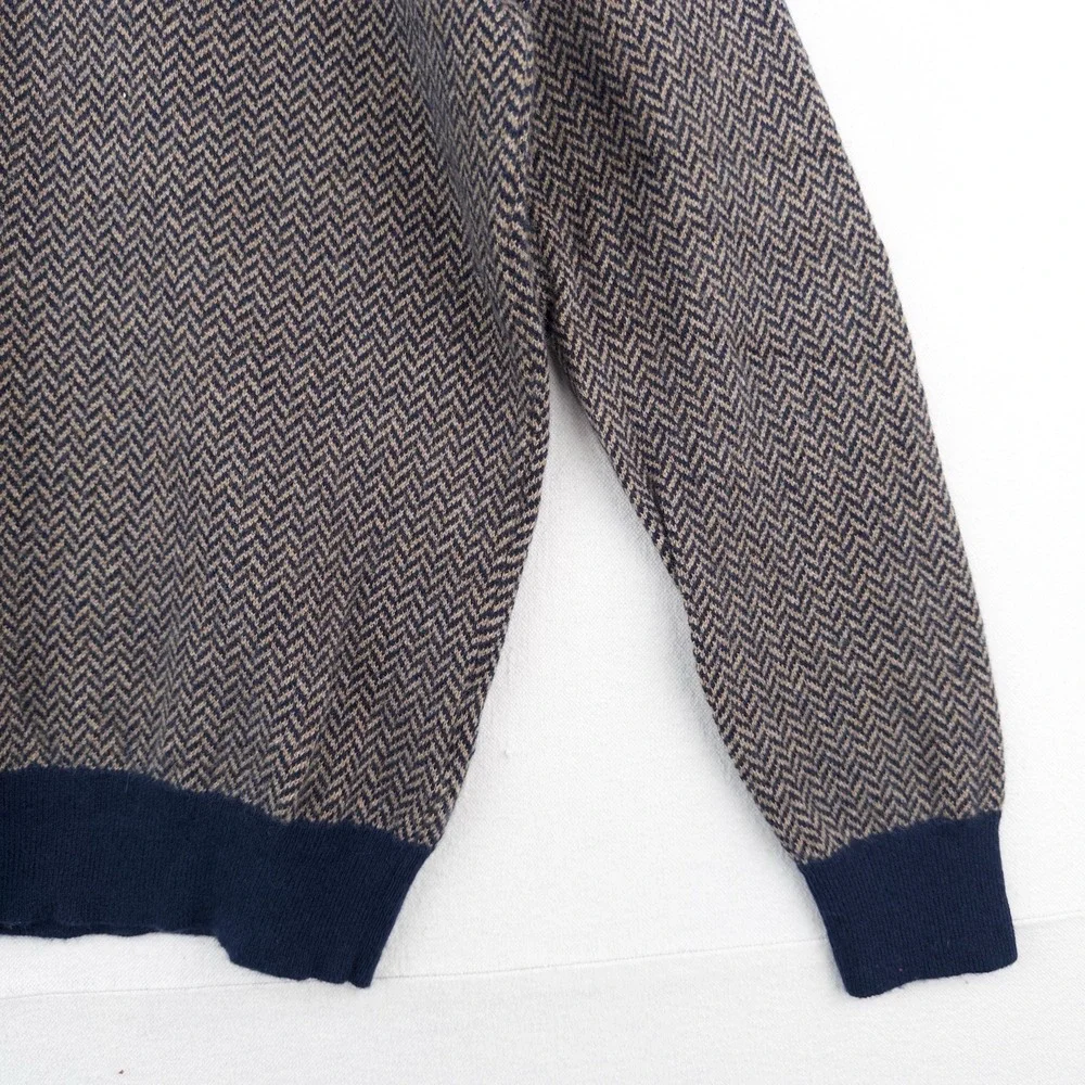 J.Crew 100% Cashmere Herringbone Jacquard Crewneck Sweater Men's Large Blue Tan
